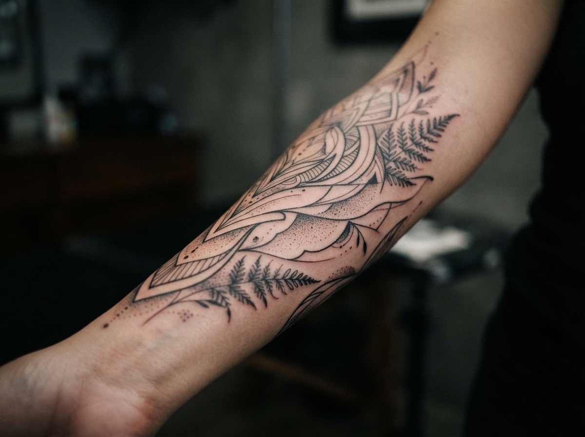 Tatuaje fine line y blackwork contemporáneo en Marcelo Tattoo Guayaquil